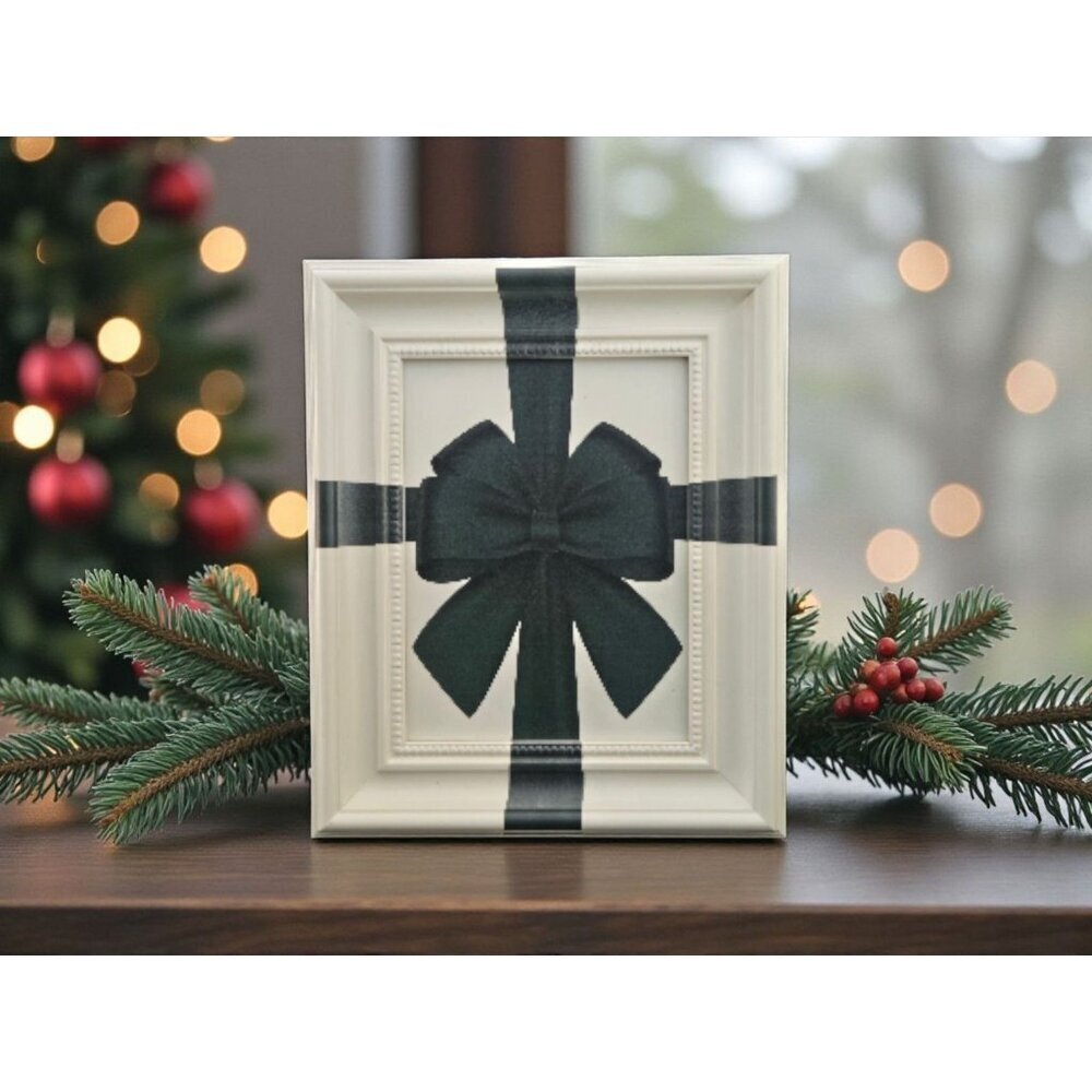 New Framed Christmas Green Ribbon Bow Wrapped Present Holiday Wall Art